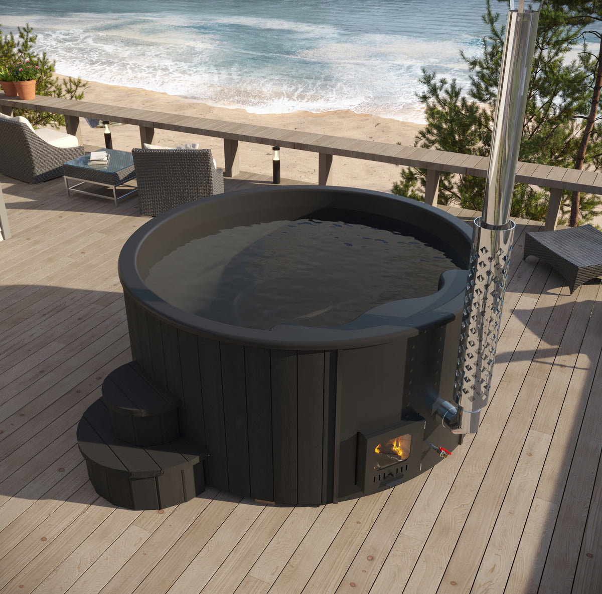 SaunaLife Soak Series Model S4B Home Wood-Burning Hot Tub, Black, Up to 6 Persons